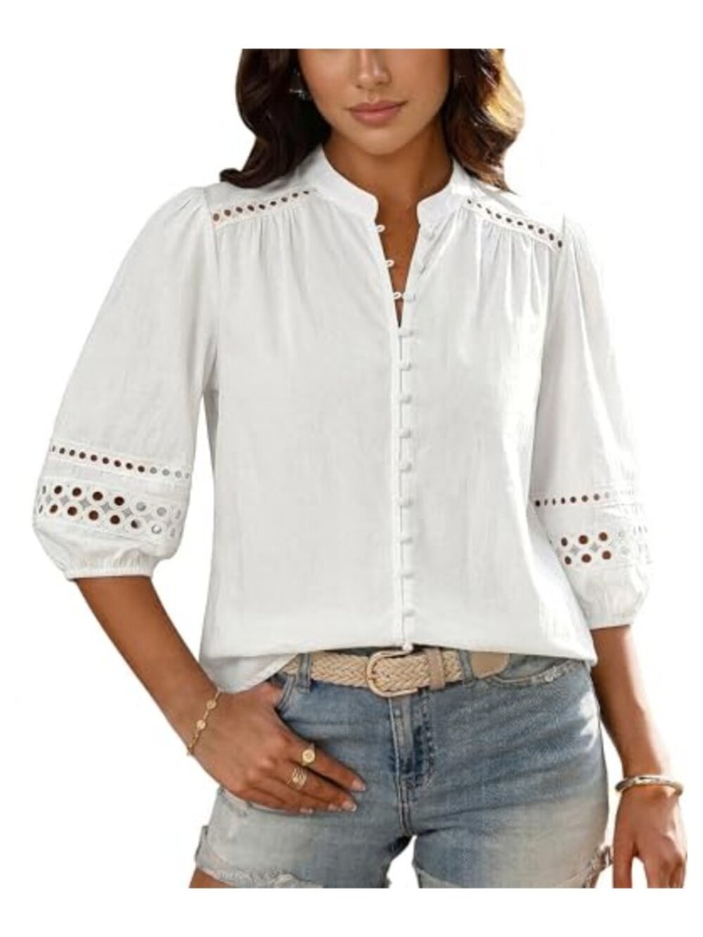 Women Cotton Eyelet Button Down Blouse 3/4 Puff Sleeve Mandarin Collar Boho Top